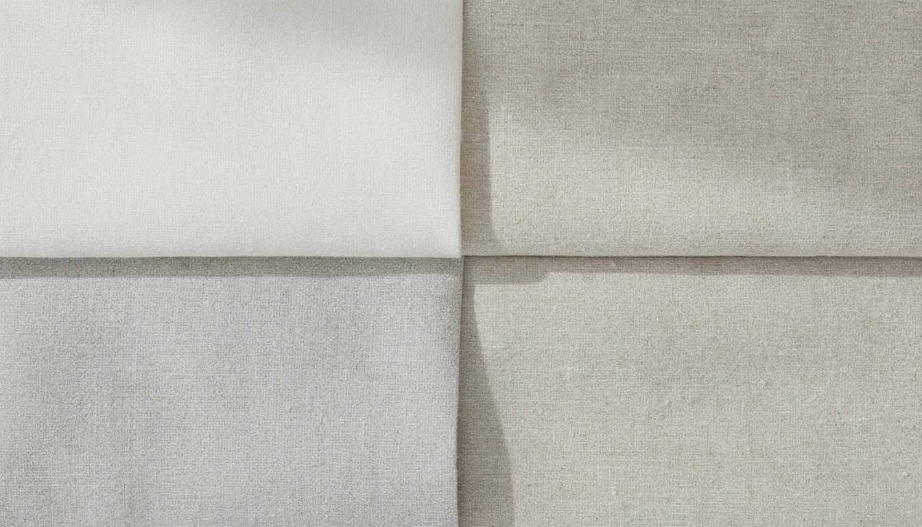 A close-up view of fabric swatches in neutral tones, featuring textures of white, gray, and linen, ideal for creating elegant window treatments that allow natural light while providing privacy. These materials can be used in various styles, including shades and blinds, to enhance the beauty of any room.