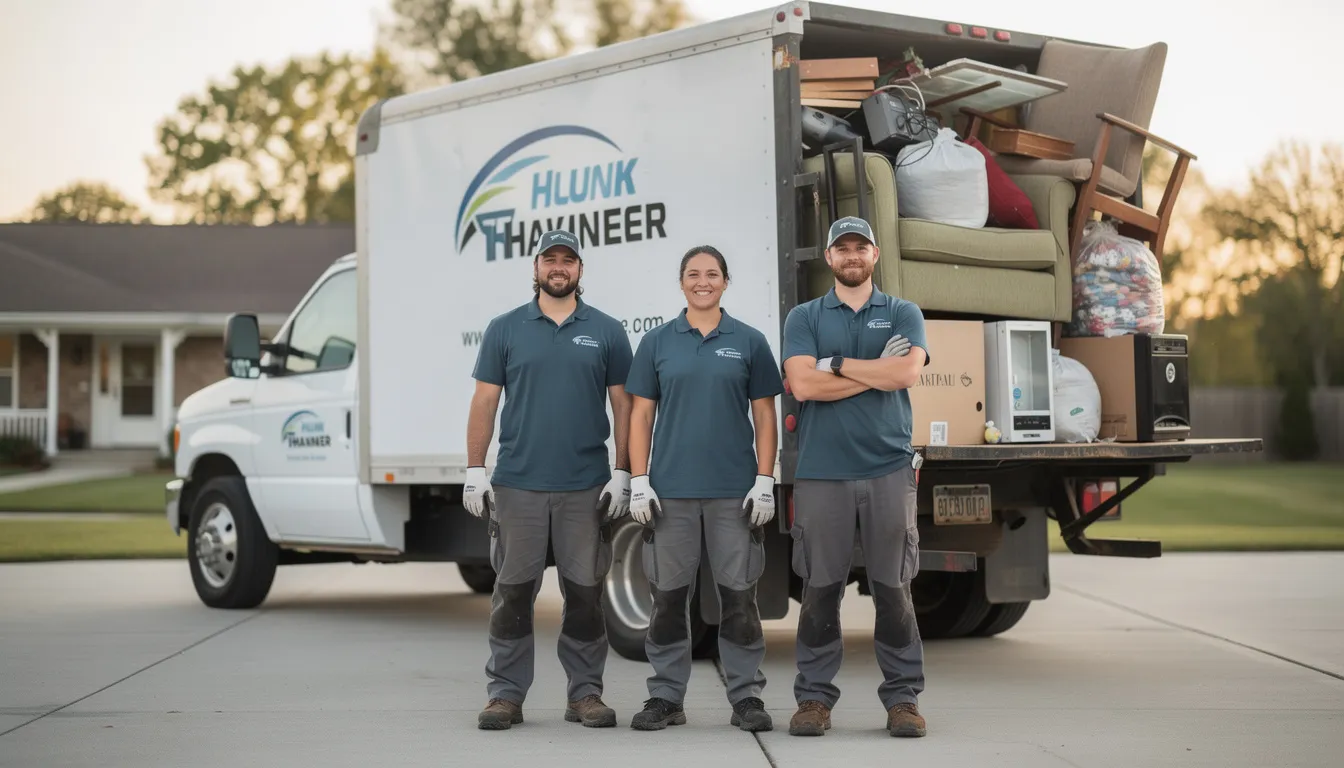 The image shows a professional, uniformed crew standing proudly next to a loaded junk removal truck, ready to assist residential and commercial clients with their junk hauling needs. The team represents reliable junk removal experts who ensure efficient and responsible disposal practices for unwanted items, including heavy furniture and construction debris.