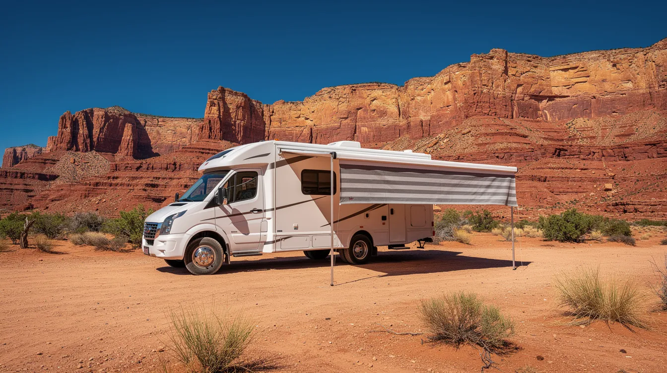 An RV with a large awning deployed is parked in a sunny desert landscape featuring striking red rock formations. The scene captures the essence of outdoor camping, with the RV's rooftop air conditioner providing cool air to the interior space, perfect for warmer climates.