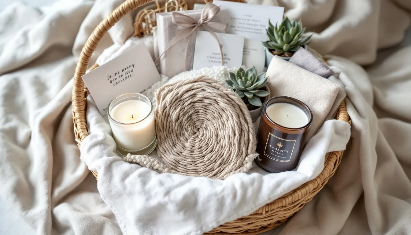 The image depicts a beautifully arranged sympathy gift basket filled with comforting items such as chocolate truffles, self-care products, and heartfelt notes, designed to support a grieving friend during their hardest times. This thoughtful bereavement gift serves as a daily reminder of love and remembrance for a lost loved one.