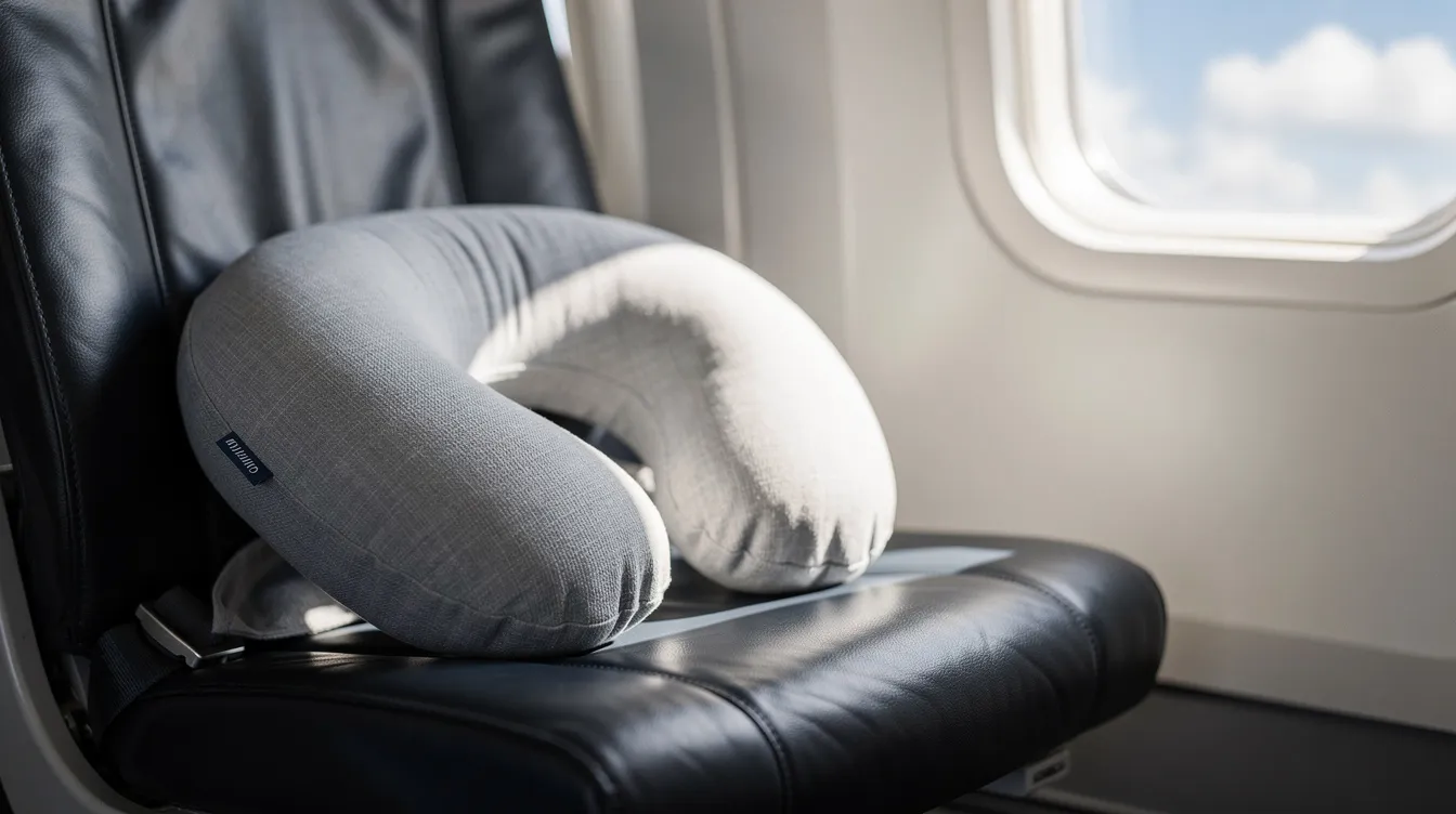 A travel pillow made of memory foam is resting on an airplane seat beside a window, showcasing its ergonomic shape and soft fabric. This travel neck pillow is designed for comfort during journeys, ensuring that it stays fresh and hygienic with proper care instructions such as using mild detergent and air drying to avoid lingering odors.