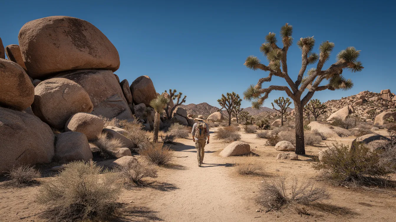 A hiker is walking along a sandy desert trail, flanked by large boulders and iconic Joshua trees, all set against a vibrant blue sky. This scene captures the unique landscape of Joshua Tree National Park, perfect for exploring its hiking trails and enjoying the expansive views.