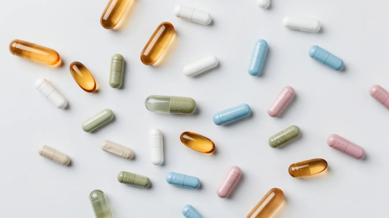 The image shows a variety of colorful supplement capsules scattered on a white surface, representing different forms of NAD supplements that may support cellular health and energy production in the body. These capsules could be linked to benefits like healthy aging and improved metabolism through oral supplementation.