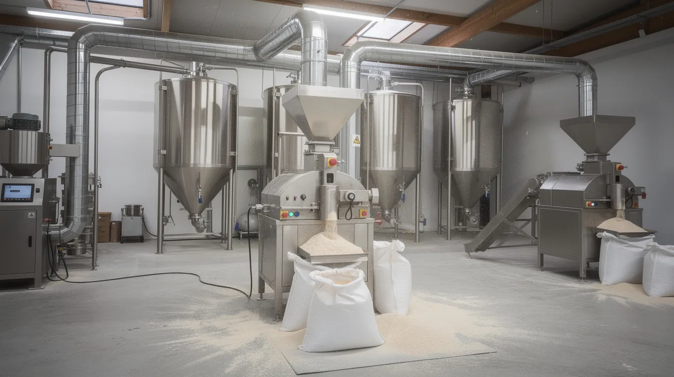 The image depicts an industrial flour grinding machine situated within a small grain milling factory, featuring metal hoppers and conveyors essential for the production process of gram flour, specifically besan. This machinery plays a crucial role in the food processing industry, ensuring consistent quality and efficiency in the output of chickpea flour.
