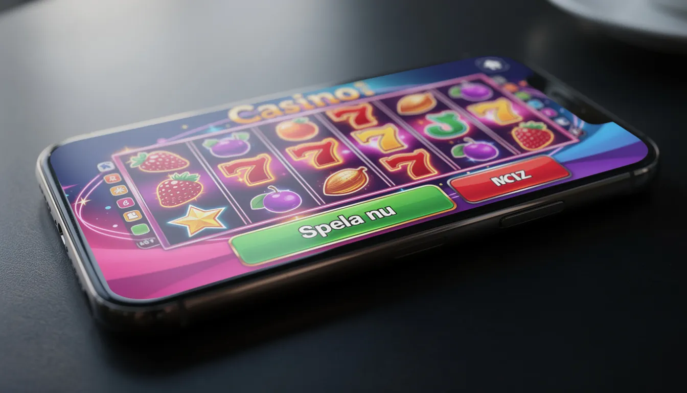 En smartphone visar ett färgglatt casinogränssnitt med olika spelautomater, där användare kan spela hos Momang Casino. Gränssnittet inkluderar även alternativ för insättningar och uttag, vilket gör det enkelt att komma igång med spelandet.