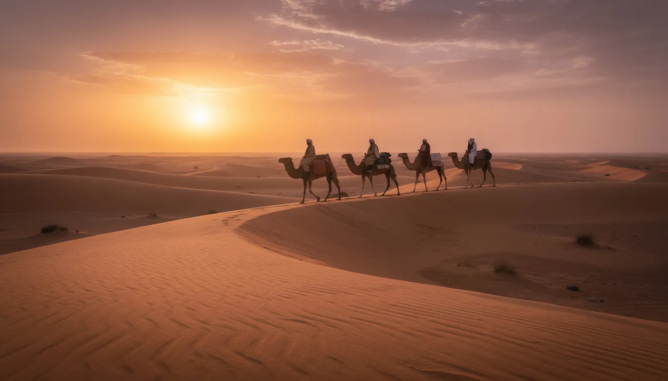 A small group of travelers on camels gracefully traverse the golden sand dunes of the Sahara Desert during a stunning sunset, creating a picturesque scene that highlights the breathtaking landscapes of North Africa. This camel trek offers an unforgettable experience for those seeking to explore Morocco's rich culture and natural beauty.