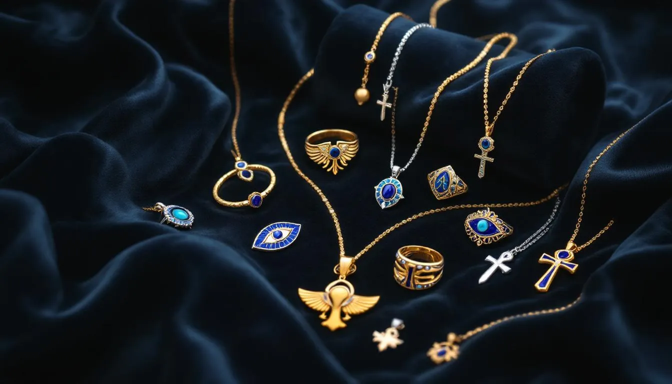 An elegant display of an exquisite protective jewellery collection featuring various pieces such as earrings, rings, and bracelets adorned with the evil eye motif. This collection, crafted from silver and gemstones, embodies both style and the protective meaning associated with evil eye jewellery.