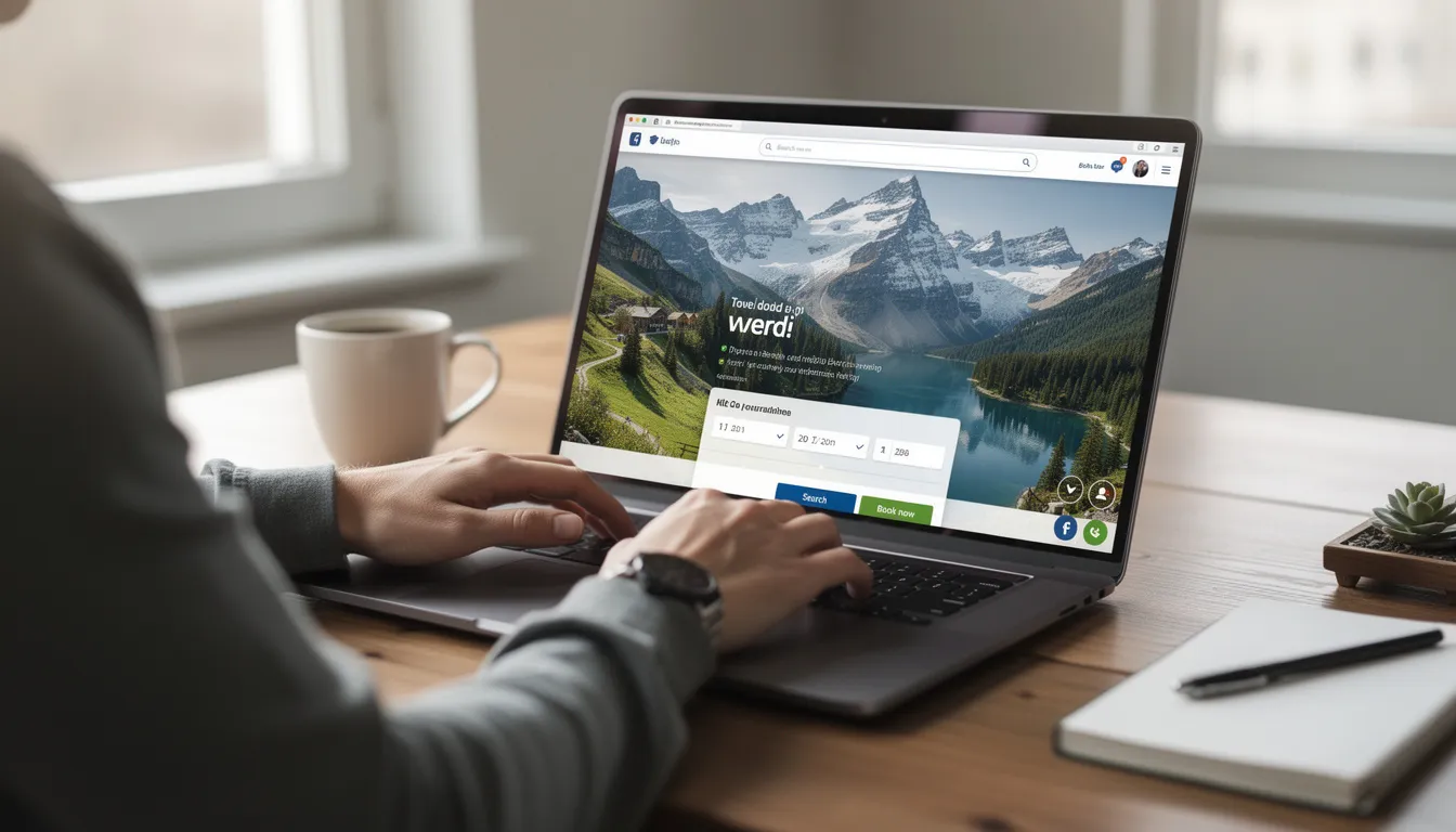 A person is sitting at a desk, focused on a laptop displaying a stunning mountain scene while searching for travel bookings, likely considering options for a family vacation or road trip. The screen may show various SUV rental choices, including models like the Ford Expedition or Chevrolet Tahoe, highlighting features such as spacious interiors and ample cargo space for their next adventure.