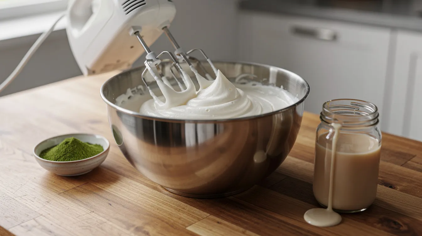 In einer modernen Küche wird kalte Sahne in einer Edelstahl-Rührschüssel mit einem elektrischen Handmixer aufgeschlagen, wobei sich eine dicke, cremige Textur mit weichen Spitzen bildet. Um die Schüssel herum liegen minimalistische Zutaten wie Matcha-Pulver und Kondensmilch, während das natürliche Licht die Szene erhellt und eine einladende Atmosphäre für ein Matcha-Eis-Rezept schafft.