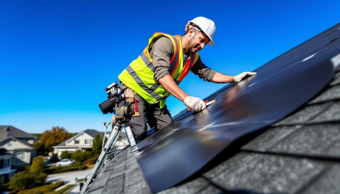 Installing ice and water shield on a roof.