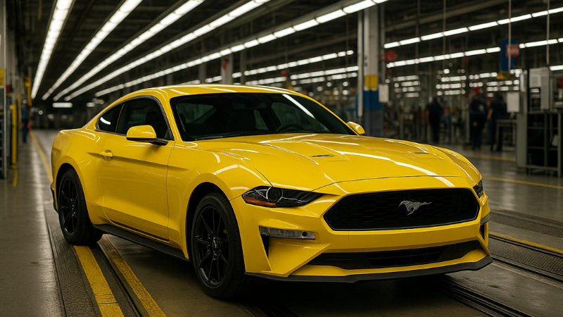 A yellow mustang that has 50% factory-tinted windows