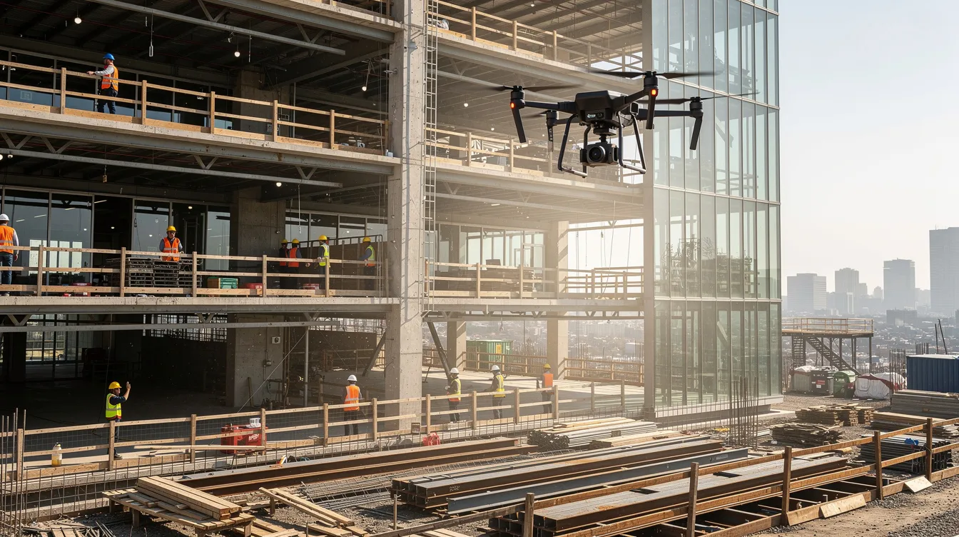 A drone is captured hovering above a multi-story commercial building under construction, where workers in hard hats and safety vests are visible on the lower levels. This scene reflects the dynamic environment of a construction project, highlighting the importance of effective project management and construction project controls to ensure project success and adherence to safety standards.