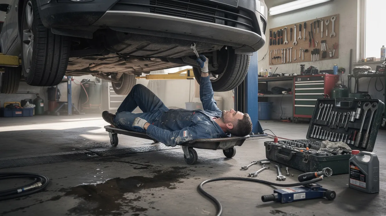 Een monteur werkt geconcentreerd onder een auto in een werkplaats, omringd door verschillende gereedschappen. De omgeving straalt een professionele sfeer uit, wat essentieel is voor het onderhoud en beheer van voertuigen in de autoverhuursector.