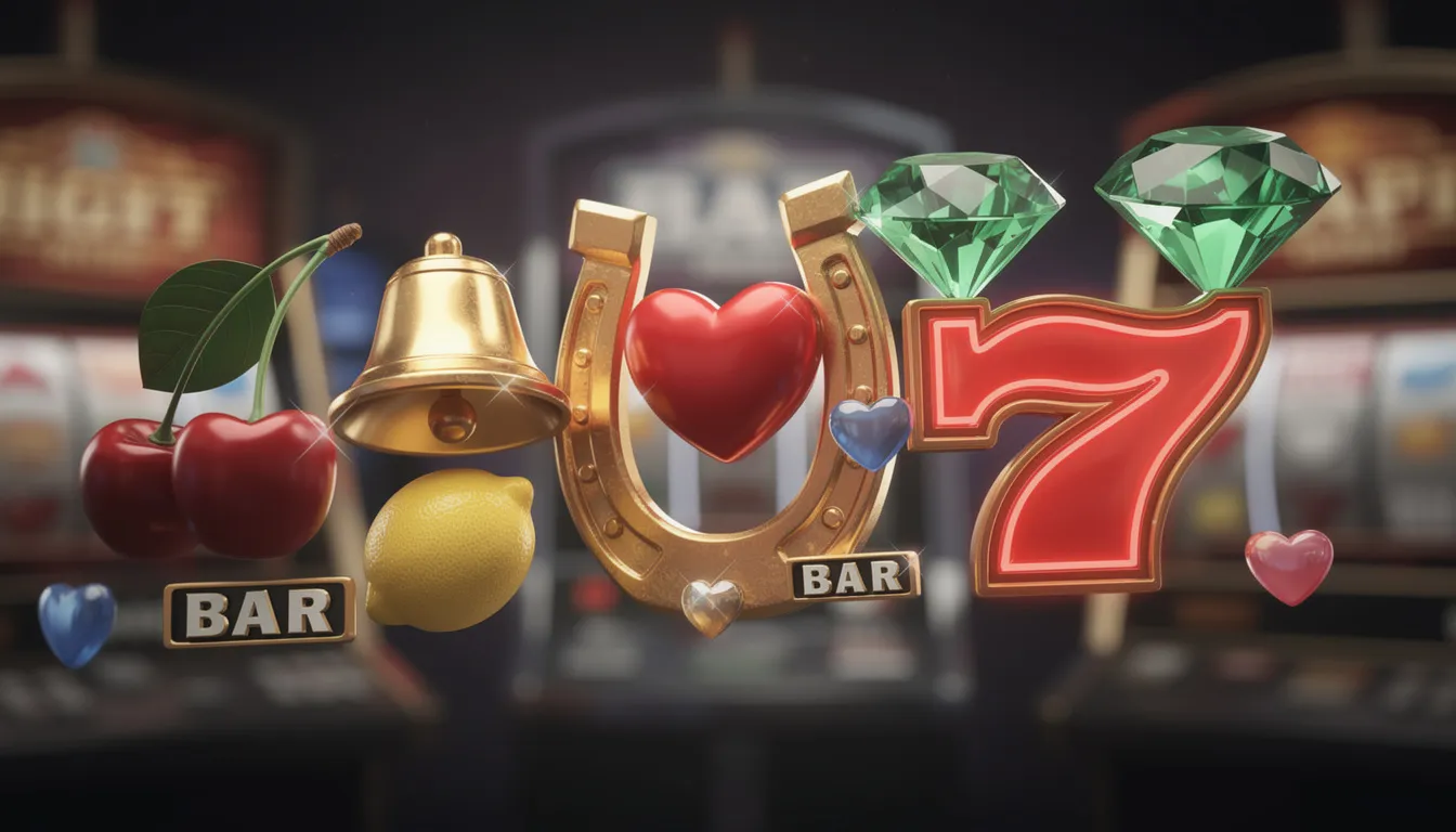 En bild av färgglada symboler från klassiska spelautomater, som visar frukter, stjärnor och nummer, vilket skapar en livlig och nostalgi-fylld atmosfär. Dessa symboler representerar spännande spelupplevelser som man kan hitta hos Swift Casino.