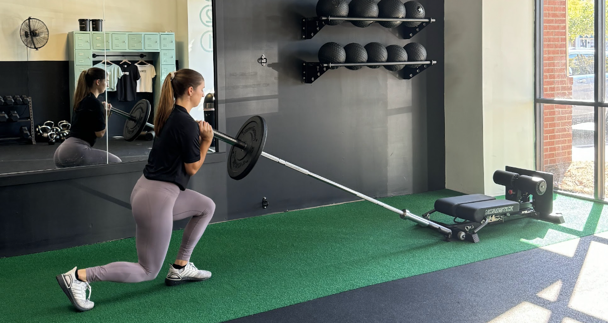 The landmine lunge is done in a half kneeling position. The half part is key to this exercise because a full range of motion might not be necessary. Once you got your bar on the left arm, for example, just go down until you feel the stress. This puts more emphasis on hyperthrophy than functional strength - you'd have to go full ROM to benefit the latter. The same goes for landmine twists.