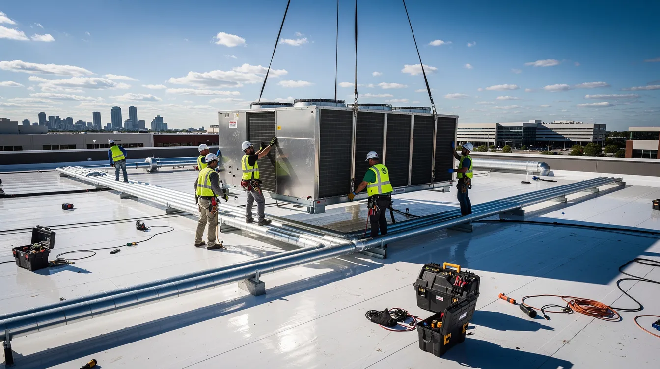 Construction workers are seen installing large industrial HVAC equipment on the rooftop of a commercial building, which is likely part of a project related to data centers in Central Texas. The scene highlights the infrastructure development necessary to support the growing demand for energy and technology services in the region.