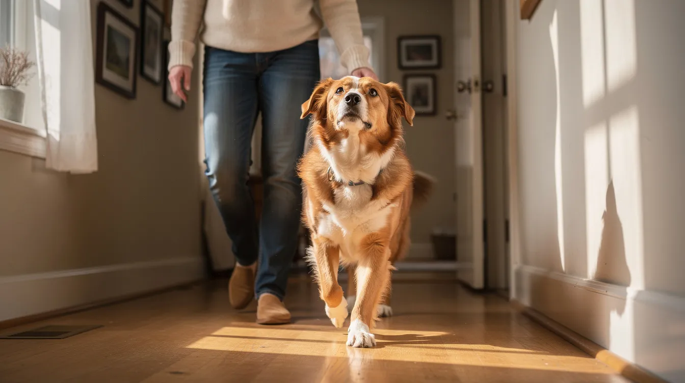 The image depicts a loyal dog closely following its owner around the house, showcasing the strong bond and pack mentality often seen in domesticated dogs. This constant companion is attentive and curious, reflecting the typical behavior of many dogs that experience separation anxiety or simply wish to stay close to their favorite person.