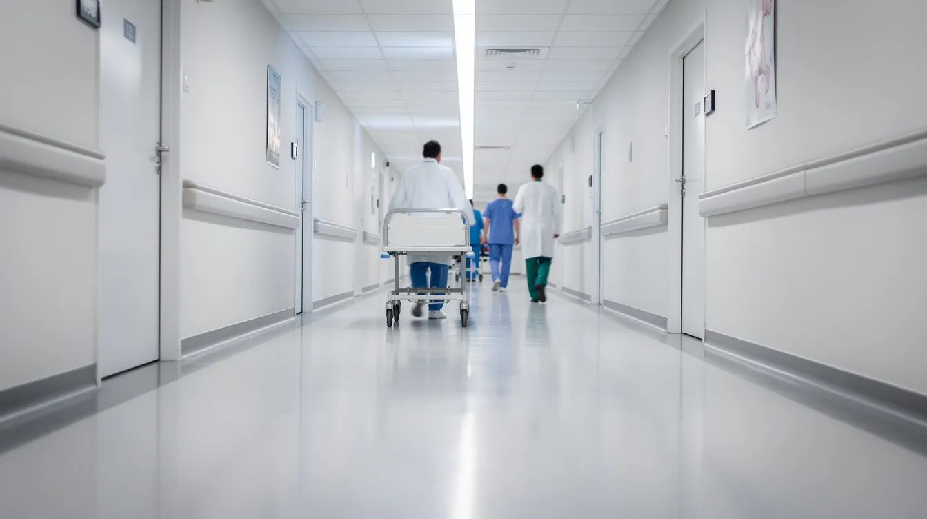 The image depicts a clean hospital hallway with bright white walls and overhead lighting, where medical staff can be seen walking in the distance. This setting emphasizes the importance of proper infection control protocols in healthcare facilities to prevent hospital-acquired infections and ensure patient safety.
