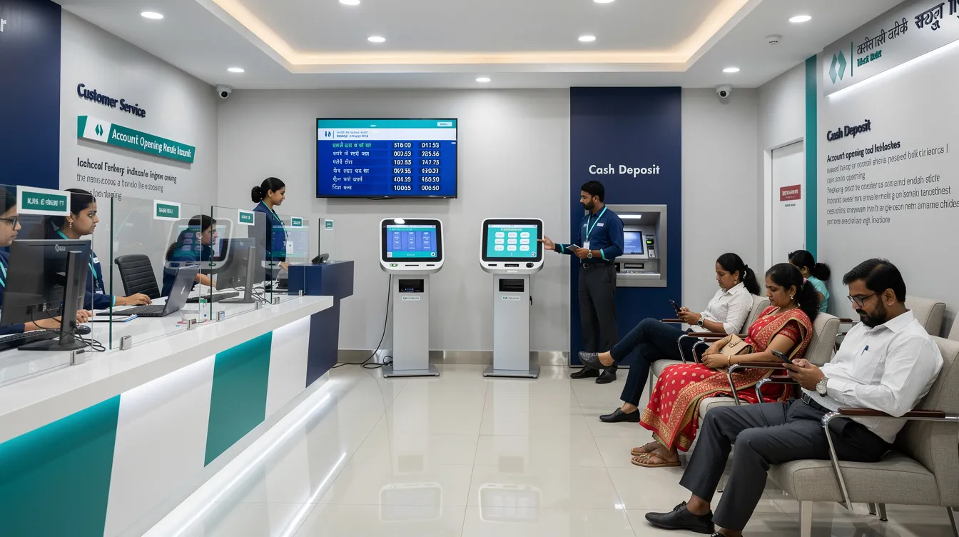 The image shows a modern Indian bank branch, featuring digital screens displaying financial information and various banking services. Customers are seen engaging with bank employees, highlighting the retail banking experience at RBL Bank, known for its commitment to financial inclusion and innovative services.