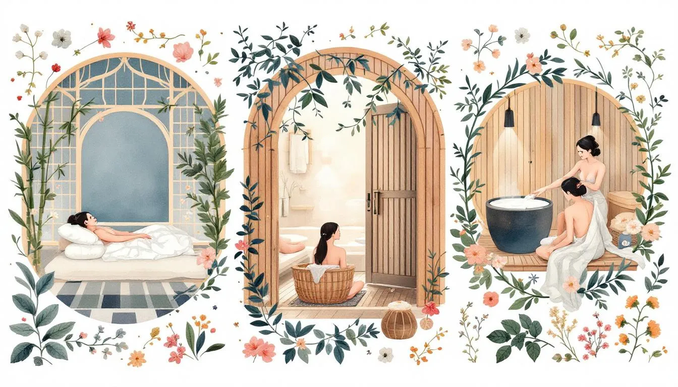 A collage of various cultural sauna practices highlighting their beauty rituals.