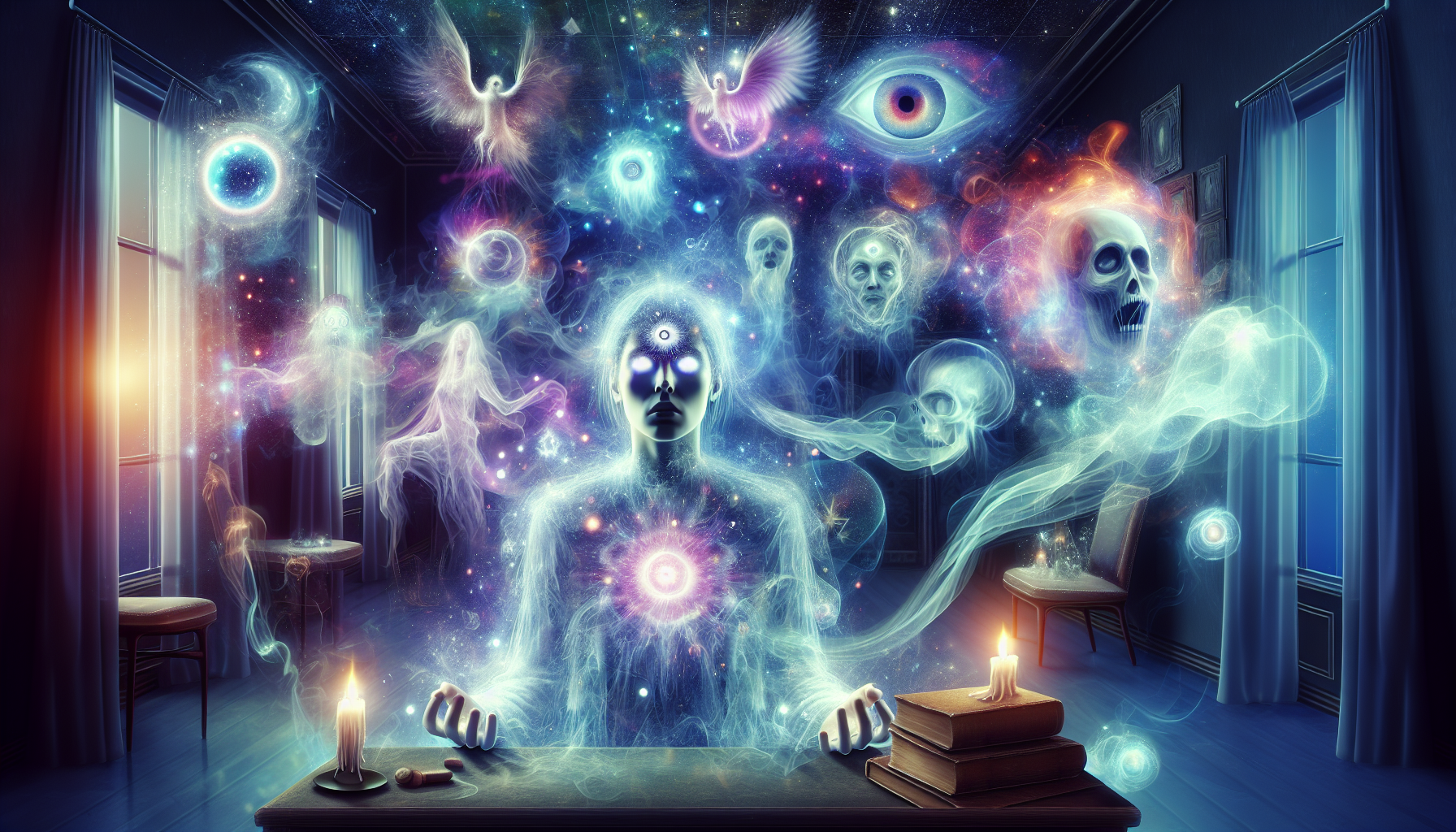 Illustration of a psychic medium experiencing clairvoyance with visions of the spiritual realm