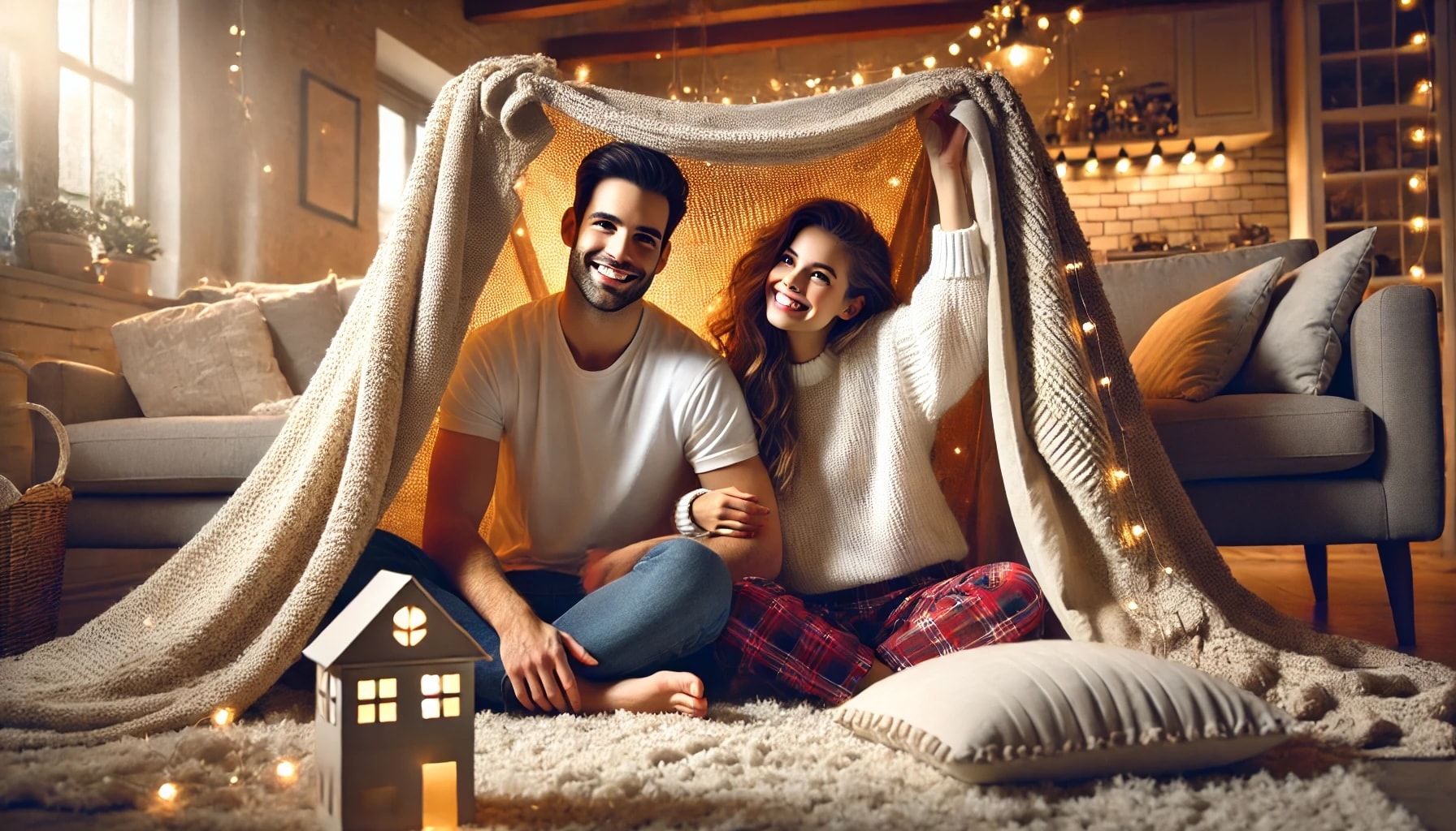 A couple reinventing date night by building a blanket fort in their living room