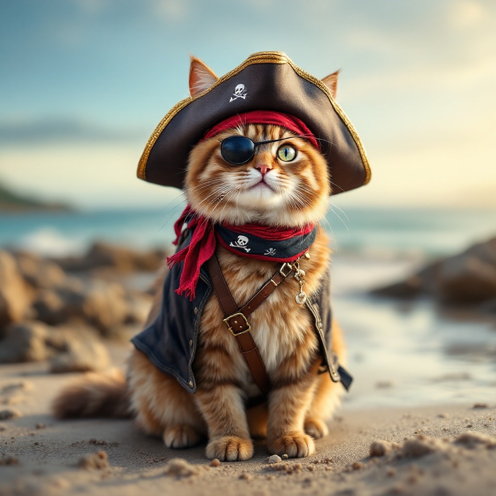 A cat dressed as a pirate on a beach.