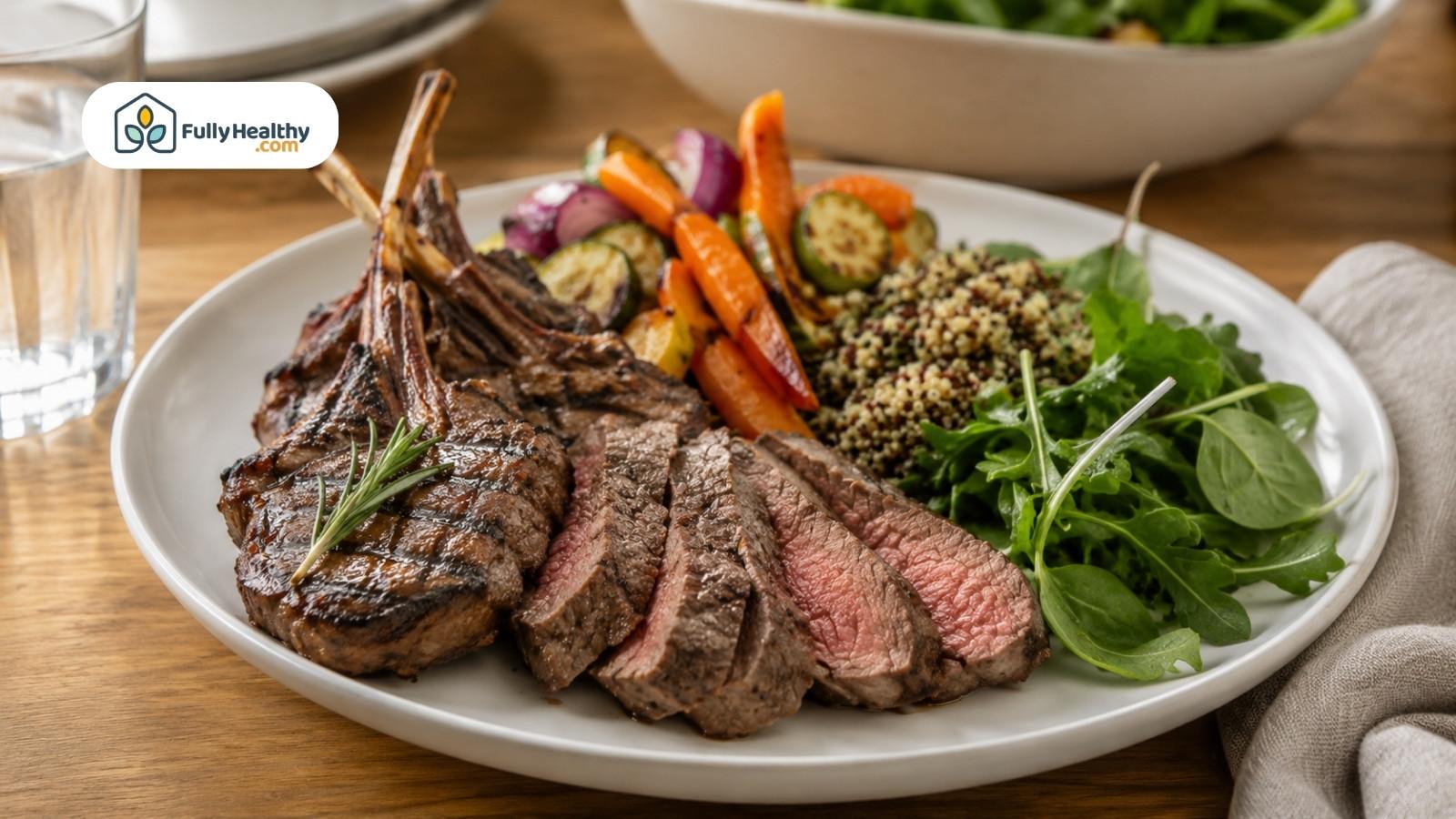Grilled lamb chops with sliced beef, quinoa, roasted vegetables, and leafy greens