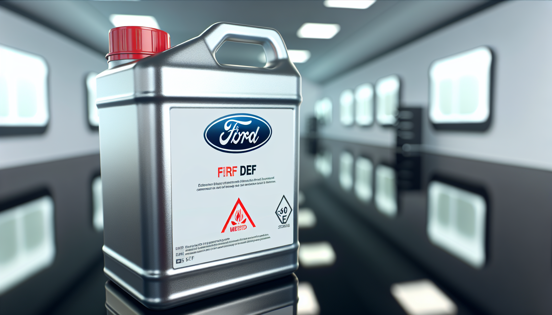 Ford DEF container with emission standards label