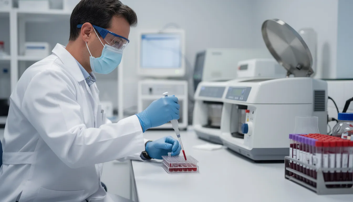 Ein Labortechniker führt eine Blutanalyse durch, um den THC-Wert im Blutserum zu bestimmen. Diese Analyse ist entscheidend, um festzustellen, ob der THC-Grenzwert von 3,5 ng/ml im Straßenverkehr überschritten wurde, was für Autofahrerinnen und Autofahrer rechtliche Konsequenzen haben kann.