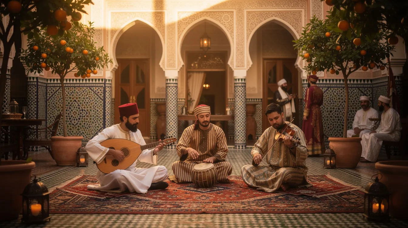 A group of traditional Moroccan musicians is performing in a vibrant courtyard adorned with colorful tiles and intricate archways, showcasing the rich cultural heritage of Moroccan music. The ensemble features instruments like the lute and drums, creating hypnotic rhythms that reflect the diverse styles of Moroccan folk music and the influence of gnawa music.