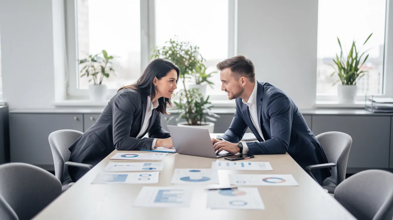 Deux professionnels collaborent autour d'une table dans un bureau lumineux, examinant des documents. Cette scène illustre l'importance de la gestion des objections en vente, où ils discutent des stratégies et des techniques pour répondre aux préoccupations des clients potentiels.