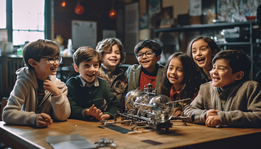 A group of kids excitedly discussing quantum physics