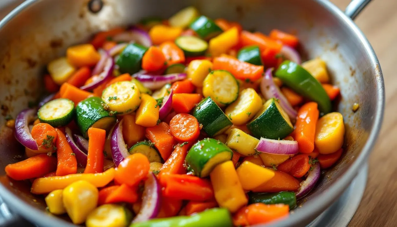 A colorful stir-fry of vegetables cooking in a pan, showcasing vibrant colors and textures.