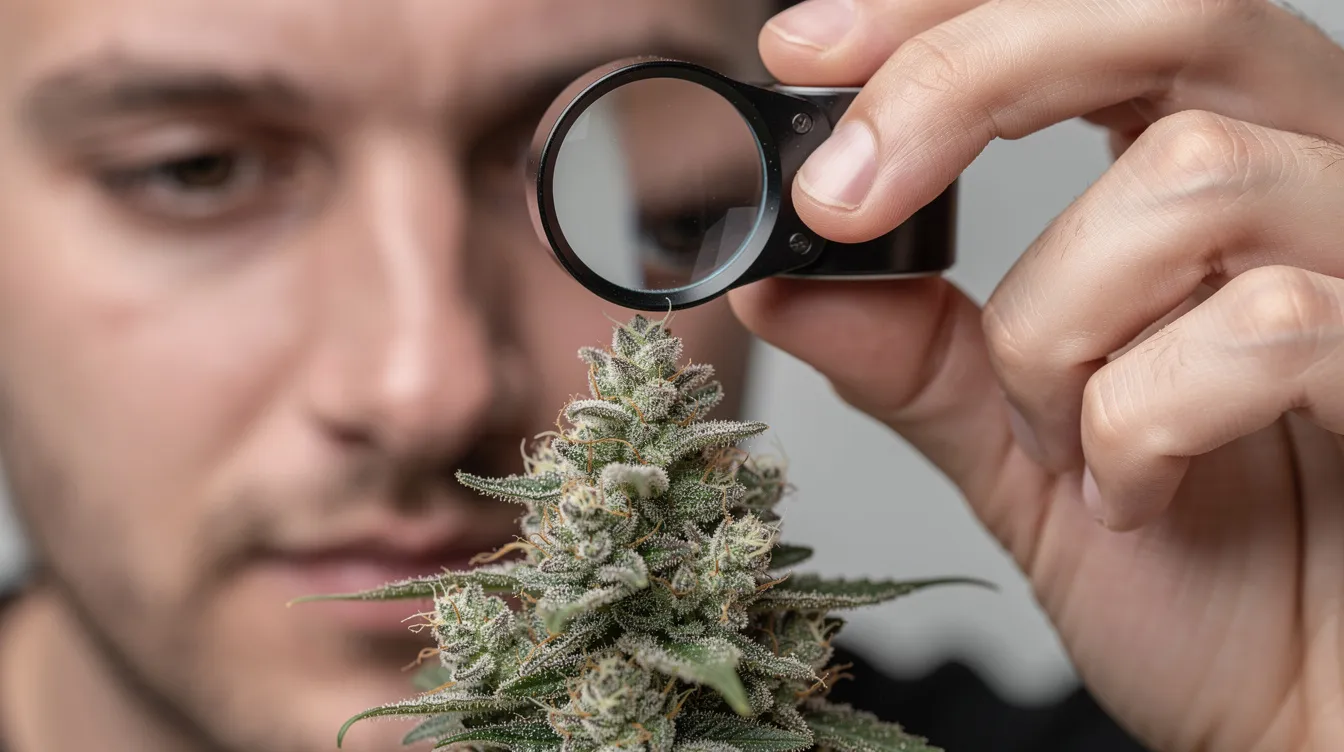 A person is closely examining a cannabis flower using a small handheld magnifier loupe, focusing on the trichomes to determine their color and readiness for harvest. The image captures the intricate details of the cannabis buds, highlighting the importance of assessing trichome maturity during the harvesting process.