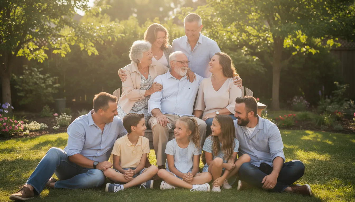 A multi-generational family is gathered together outdoors, enjoying a sunny day while sharing laughter and stories. This warm scene reflects the importance of family connections, much like how a certified financial planner helps families navigate their financial futures and achieve their long-term financial goals.