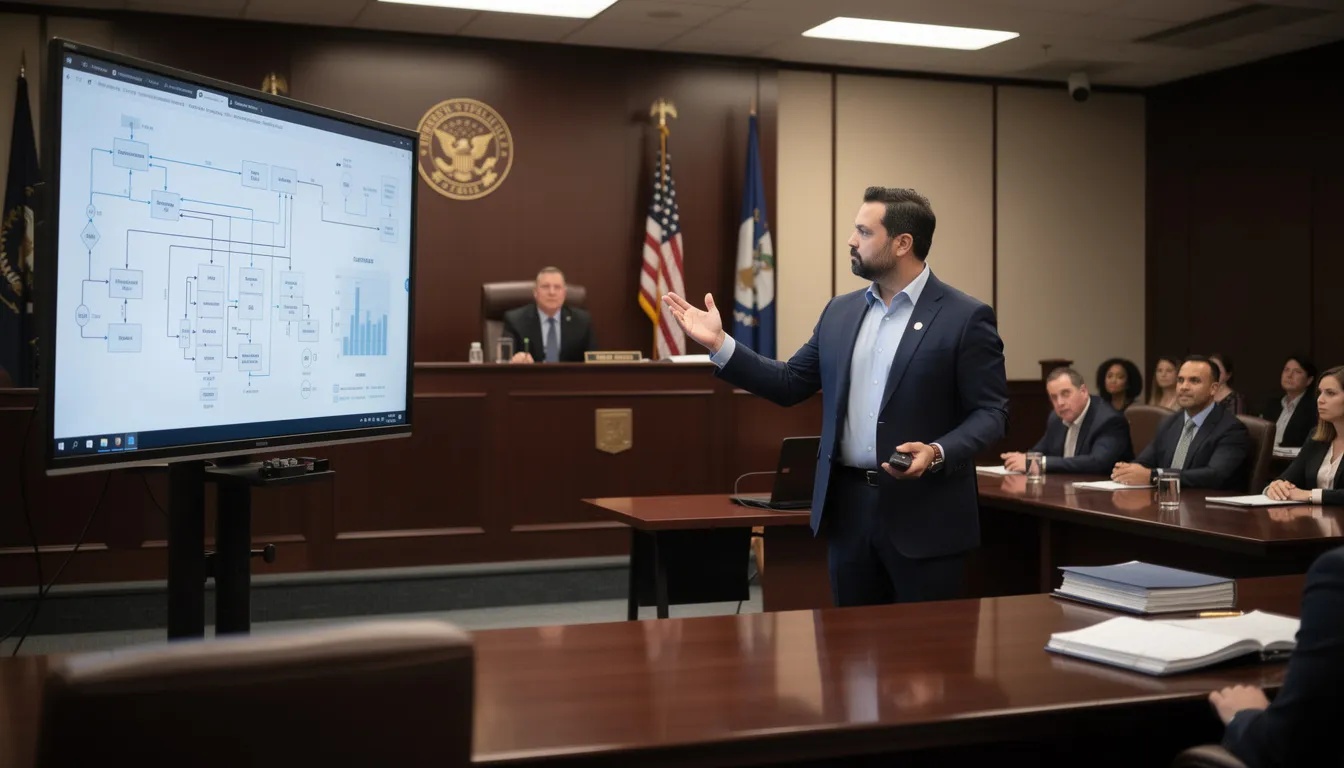 In a professional courtroom scene, an attorney gestures toward a large display screen filled with highly detailed technical diagrams and graphics, serving as demonstrative evidence to help jurors understand complex information related to medical malpractice cases. The visual aid acts as a crucial tool in presenting the trial team's arguments and enhancing the jury's comprehension of the events and evidence at hand.