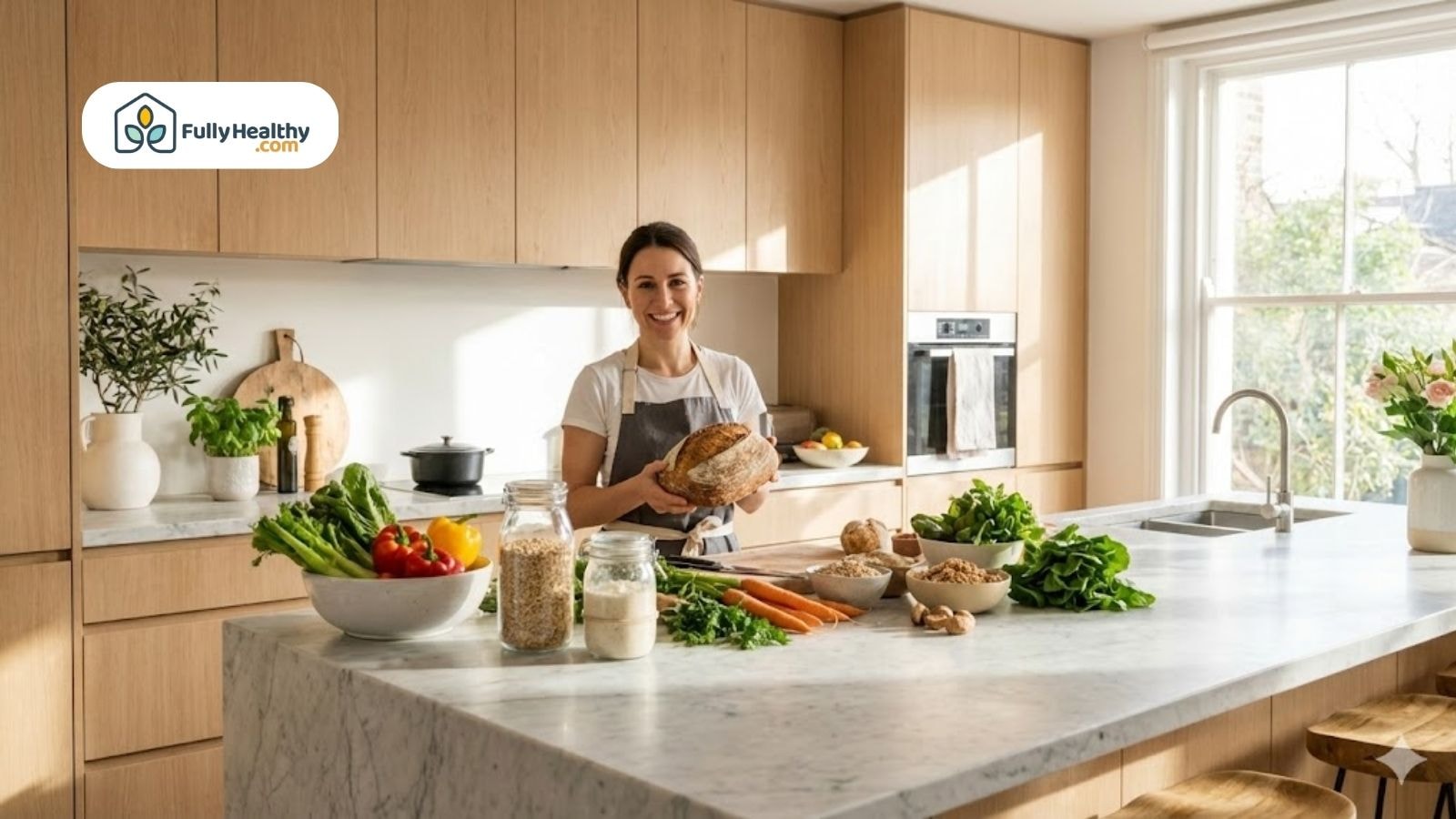 Woman holding sourdough bread in bright kitchen with fresh ingredients