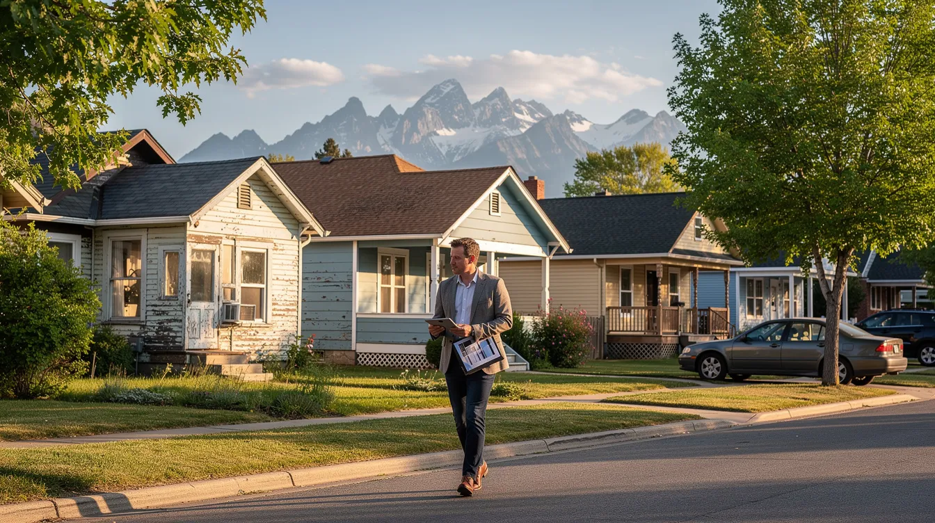 An investor is walking through a residential neighborhood filled with older single-family homes, with the majestic Rocky Mountains visible in the background. This scene reflects the opportunities for real estate investors in Colorado, where hard money loans and flexible funding options can support their investment strategies.