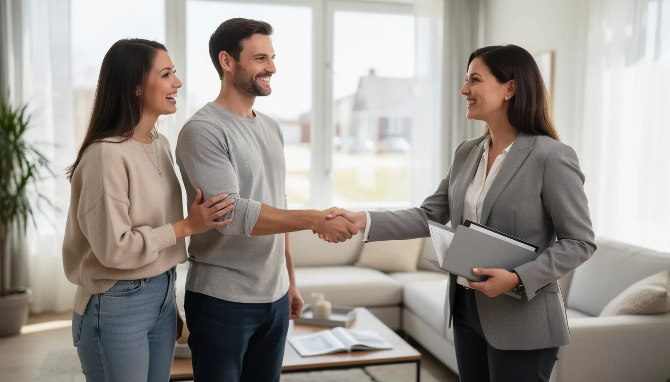 A real estate agent is shaking hands with happy clients at a property showing, symbolizing successful client relationships and the positive outcomes of the real estate business. This moment reflects the importance of effective communication and trust in the sales process within the real estate industry.