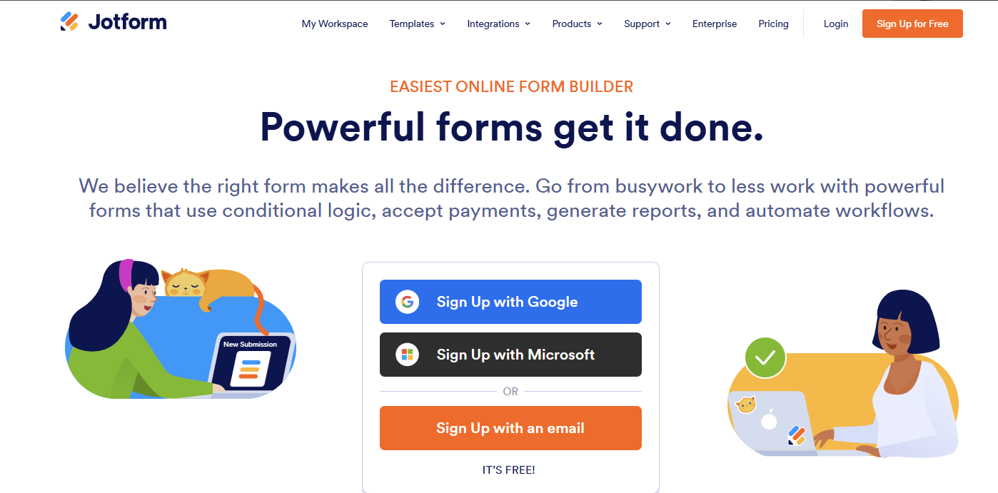 Jotform homepage with promotional text about online form automation, and sign-up options.