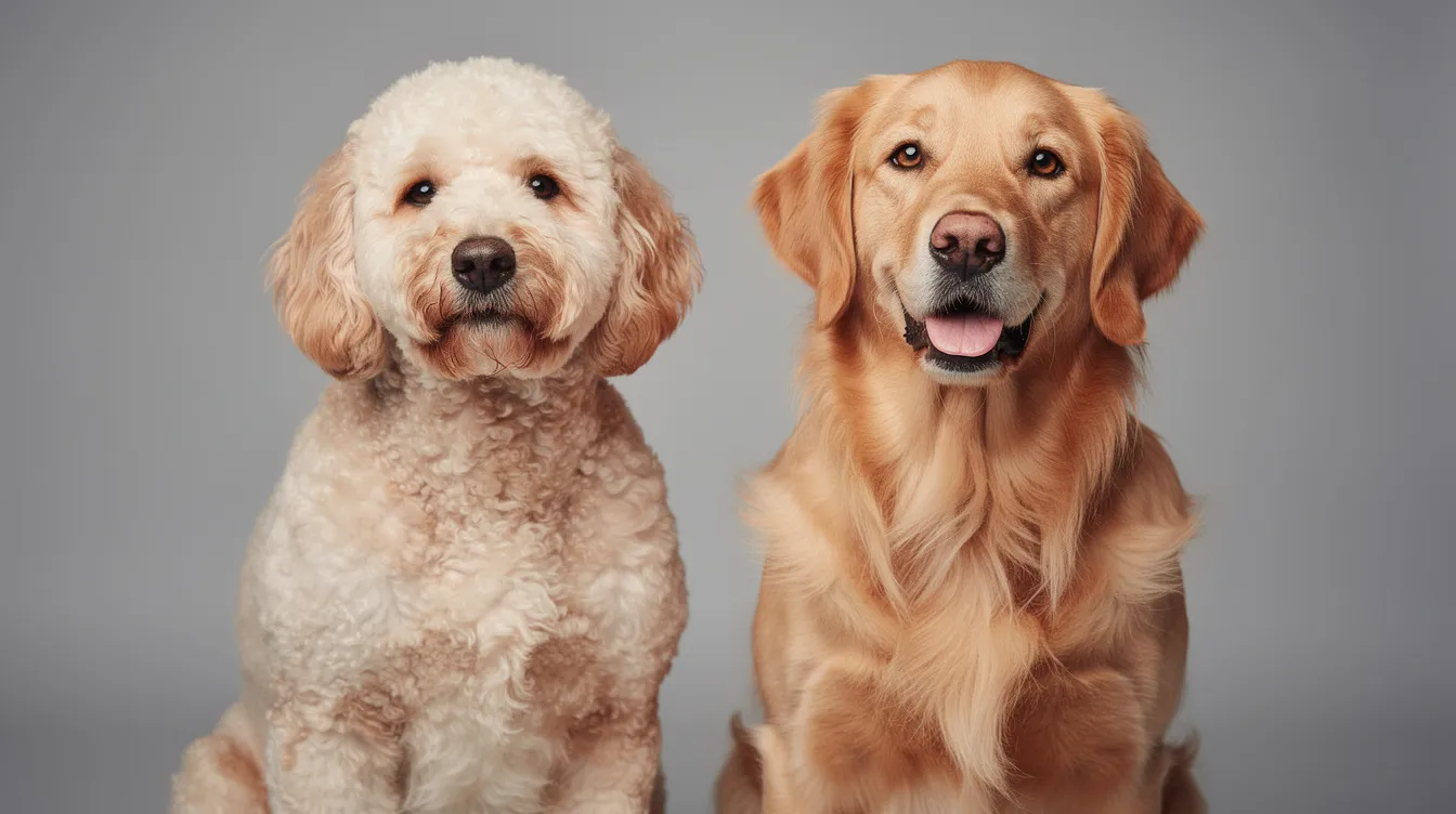 The image features a Goldendoodle and a Golden Retriever side by side, showcasing their distinct characteristics. The Goldendoodle has a wavy, low-shedding coat and floppy ears, while the Golden Retriever displays a classic double coat and friendly demeanor, highlighting the differences between these two beloved dog breeds.