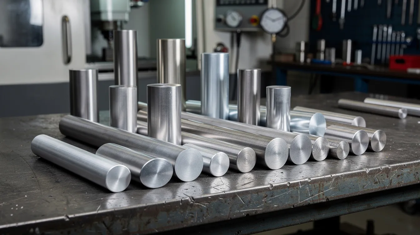 The image shows a variety of aerospace-grade metal billets and round bar stock, including aluminum, titanium, and stainless steel, neatly arranged on a workbench, highlighting materials commonly used in the aerospace industry for manufacturing components and prototypes. This setup emphasizes the importance of quality materials in rapid prototyping and production processes.