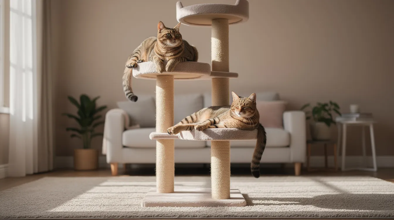 Two cats are peacefully resting on separate perches of a tall multi-level cat tree in a cozy living room, enjoying their vertical space while lounging comfortably. The cat furniture provides them with a perfect vantage point to watch their surroundings and relax.