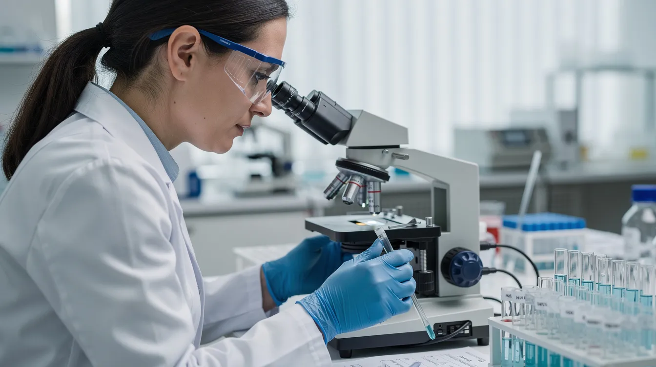 Ein Laborant in einem weißen Kittel analysiert sorgfältig Proben unter einem Mikroskop, um die Wirkungen von Cannabidiol (CBD) zu untersuchen. Diese Analyse könnte wichtige Erkenntnisse über die gesundheitlichen Vorteile und die richtige Dosierung von CBD-Produkten liefern.