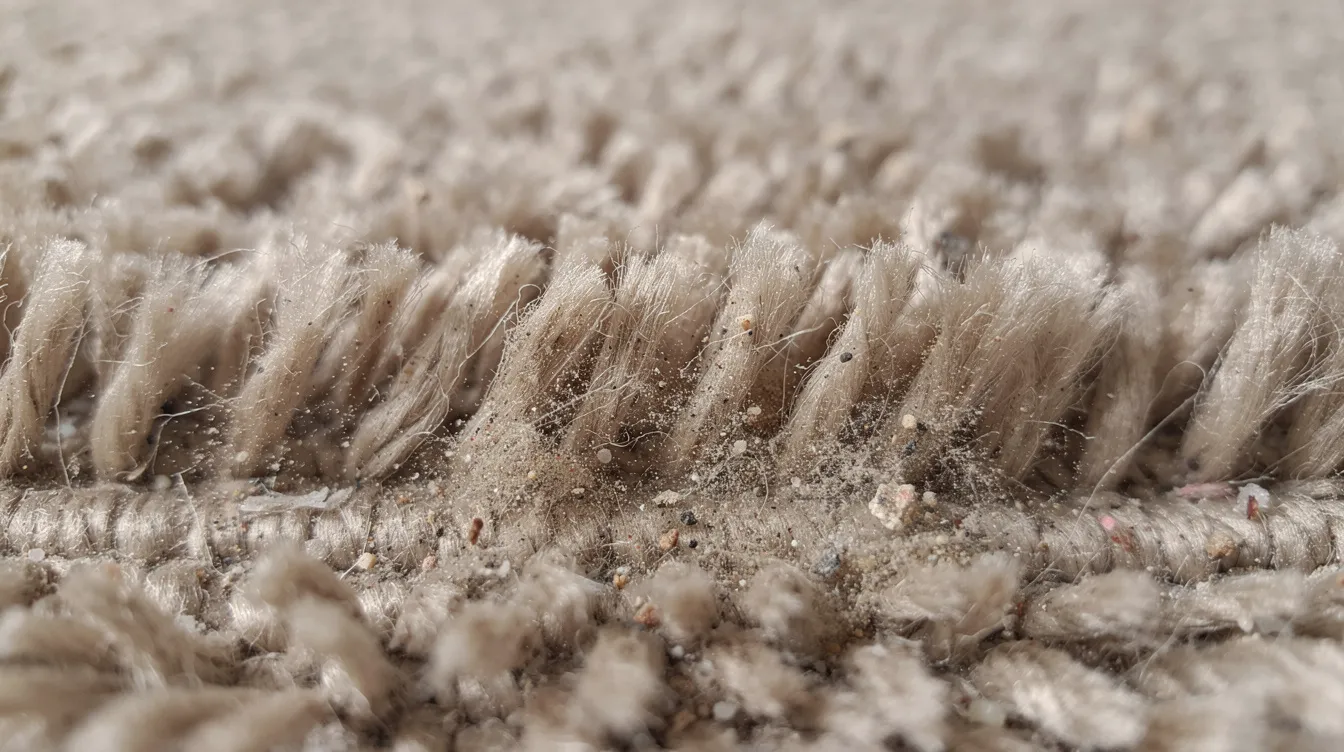 The image shows a close-up view of carpet fibers, revealing dust and fine grit trapped deep within the pile near the base. This highlights the importance of an effective cleaning process, such as hot water extraction, to ensure a clean and healthy home environment for families.