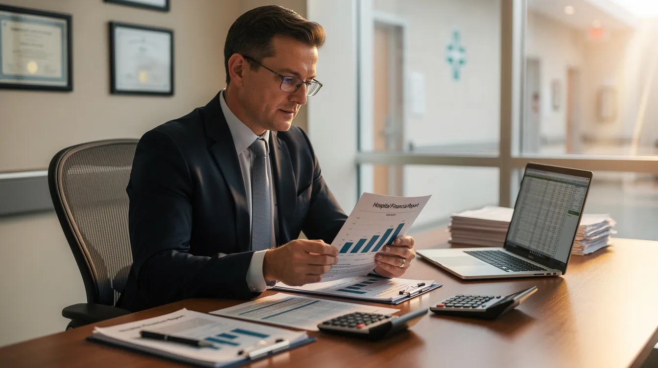 dbe4e537 e20f 4f0d b771 d72f435bf8ea A professional chartered accountant is seated at a desk, meticulously reviewing financial reports related to an eye hospital. The documents detail crucial aspects such as operational efficiency, cost structure, and financial sustainability, essential for delivering high-quality eye care services and ensuring patient safety.