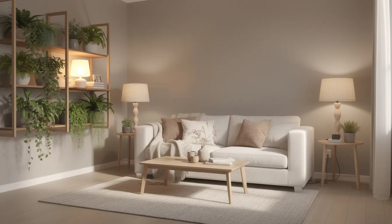 Een gezellige woonkamer in neutrale tinten met zachte verlichting van meerdere lampen en planten op wandplanken, die extra sfeer en een persoonlijke touch aan de ruimte geven. De combinatie van kleine meubels en accessoires maakt het een praktische en uitnodigende plek om te ontspannen.