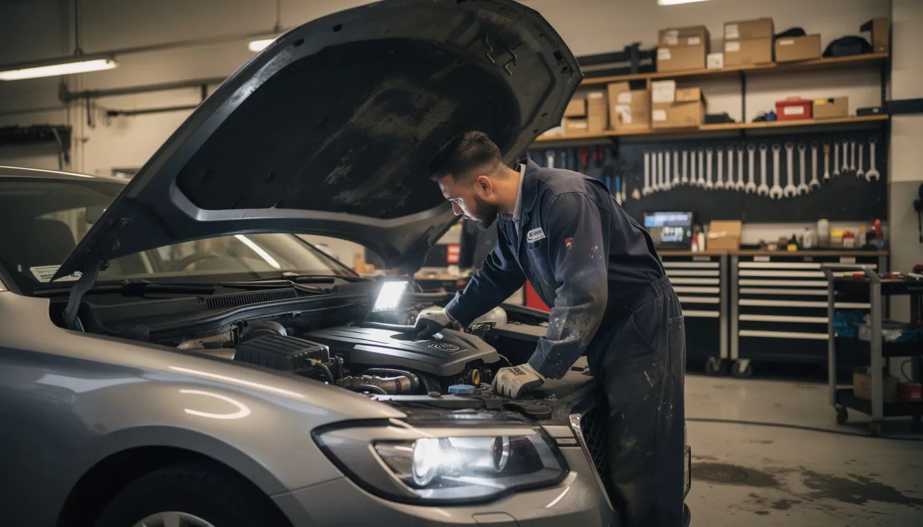A mechanic is inspecting the engine of a car in a workshop, focusing on various components under the hood. This scene highlights the importance of maintaining motor vehicles, which are considered personal property and can be registered for security interests on the personal property securities register (PPSR).