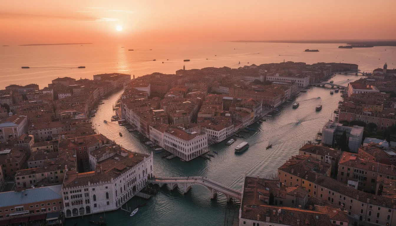 An aerial view of the Venice lagoon captures the enchanting canals and historic buildings, including the iconic Doge's Palace and the bustling Grand Canal, all bathed in the warm hues of sunset. Boats glide through the water, while the vibrant colors of the surrounding houses reflect the rich history and culture of this captivating city in northeastern Italy.